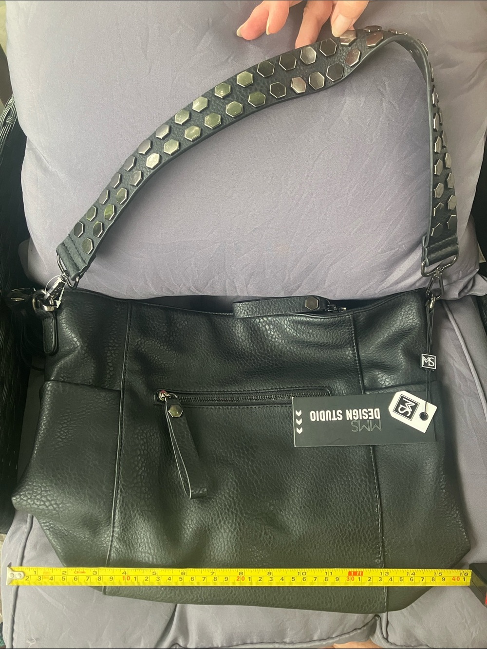 MMS Design Studio Black Leather Shoulder Bag with Hex Accent Strap